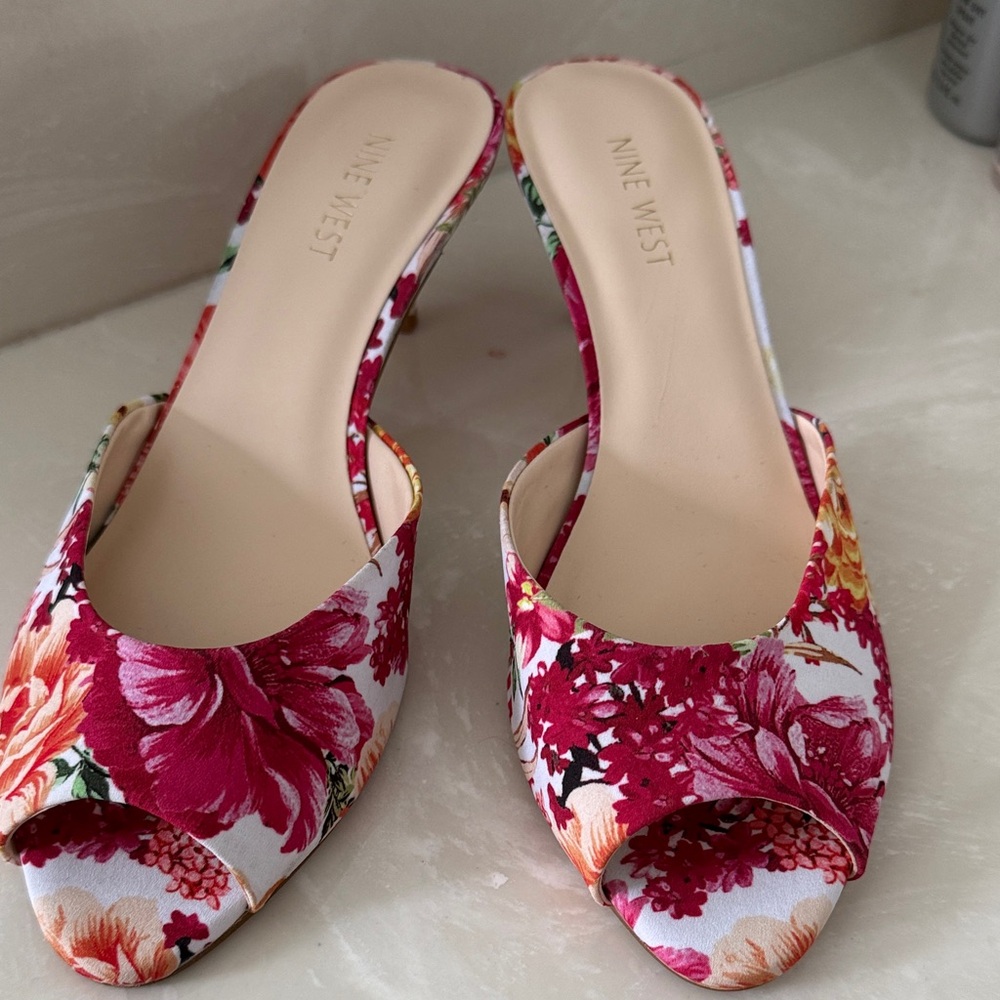 Nine West Floral Mules - Pink and White